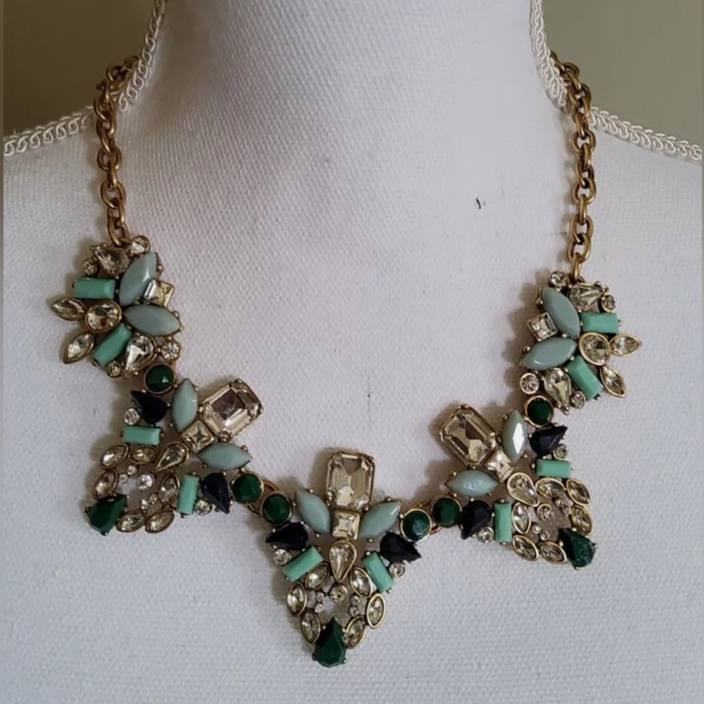 J CREW Multicolor Statement Necklace Goldtone Blue Green Rhinestone